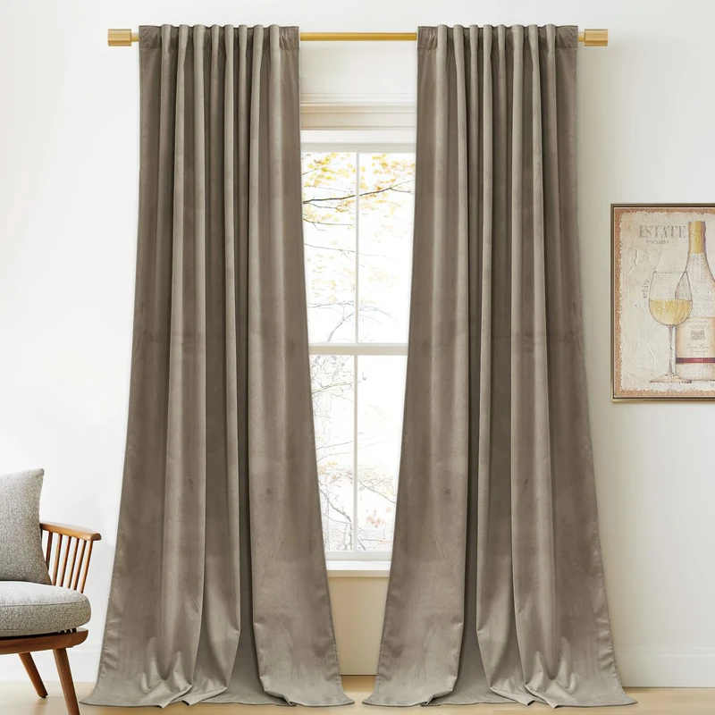StangH 120 inches Long Camel Beige Velvet Curtains - Extra Long Thick Thermal Insulated Room Darkening Window Drapes for Hall, Back Tab Chill Resist Winter Curtain for Door, W52 x L120, 2 Panels