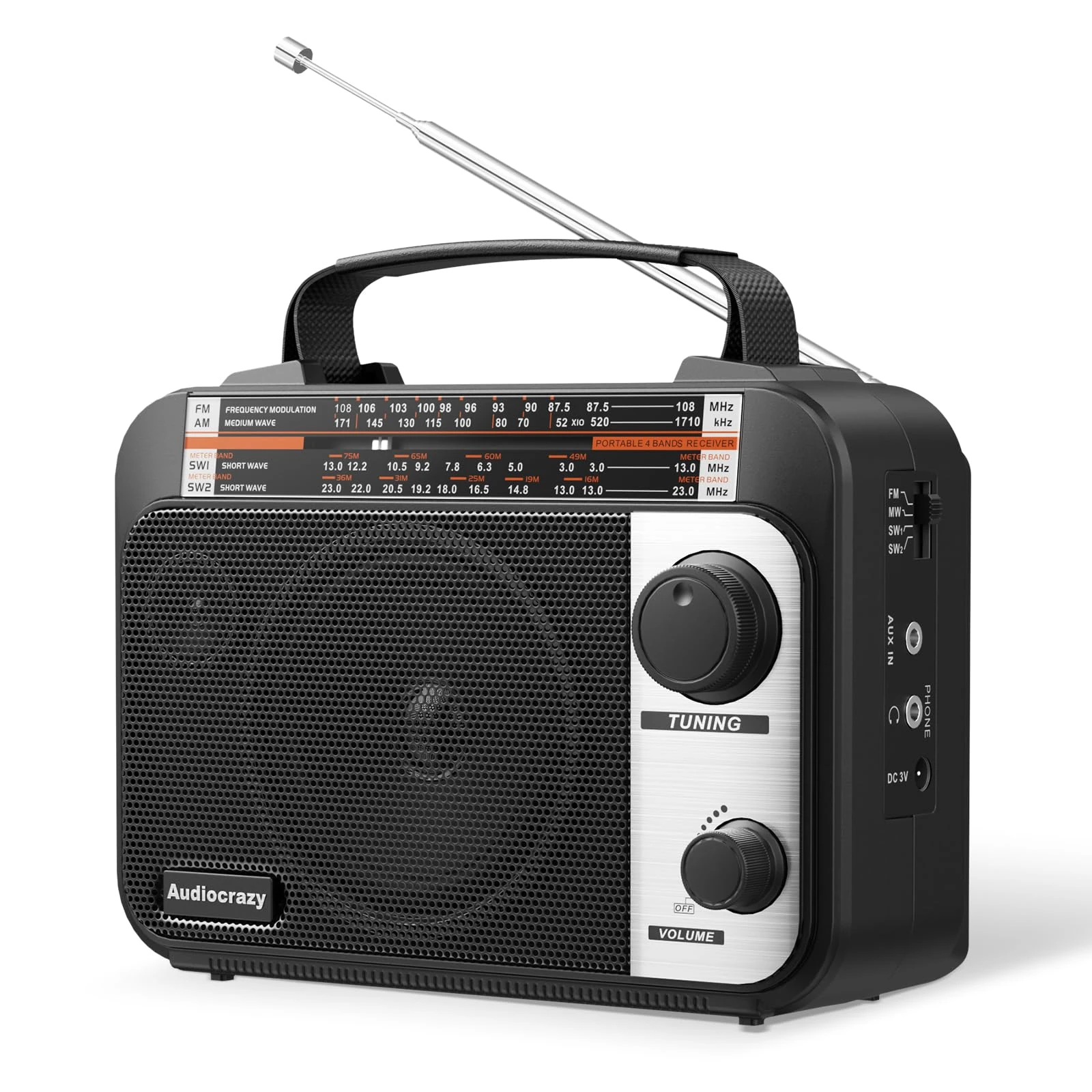 Multi-Band AM/FM/SW1-2 Radio Transistor Radio AC or Battery Operated with Best Reception Big Speaker and Precise Tuning Knob with AUX in & 3.5mm Earphone Jack