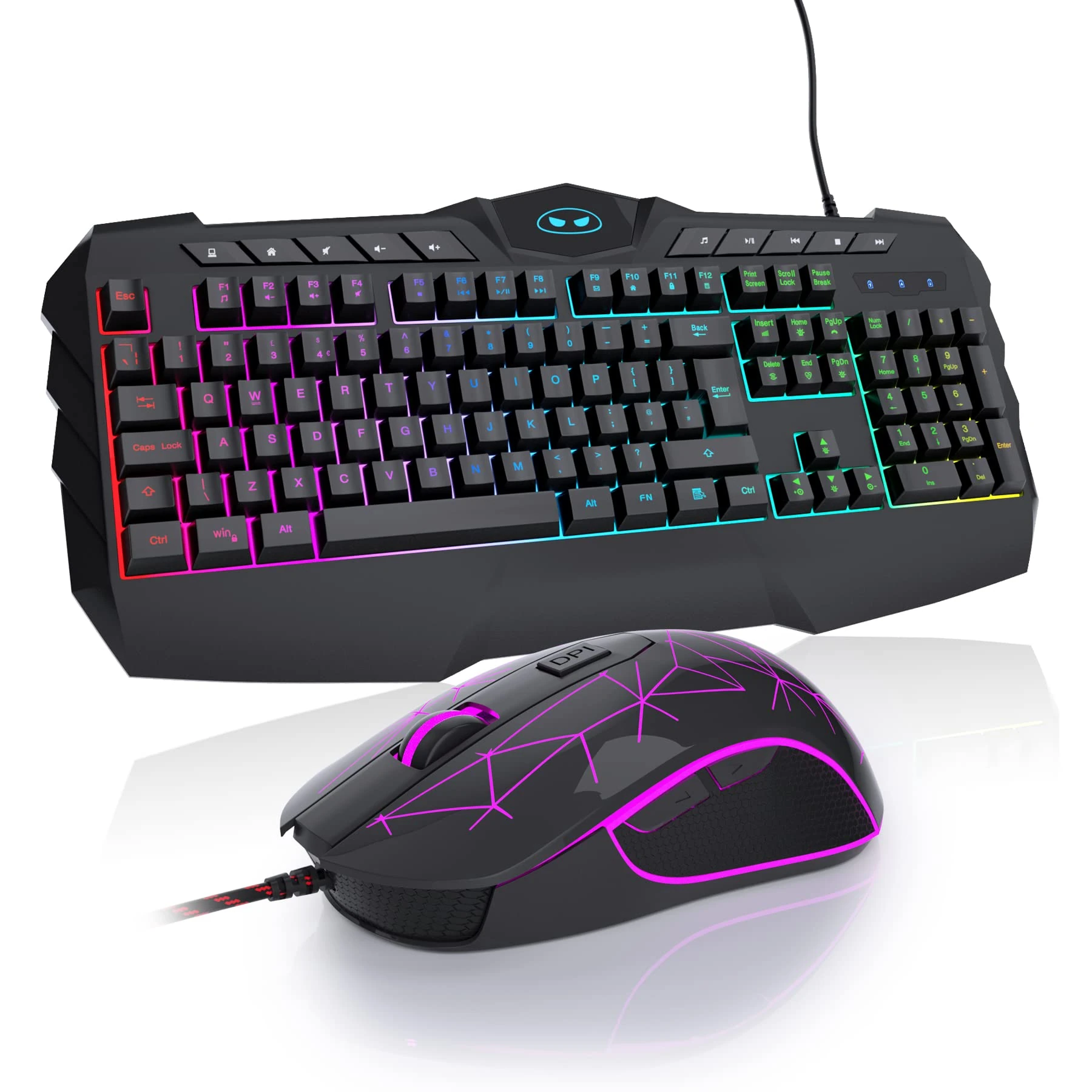 UK Layout Gaming Keyboard and Mouse Combo, MageGee GK770-BA RGB Backlit Wired Gaming/Office Keyboard with Multimedia Keys and Ergonomic Wrist Rest, LED Gaming Mouse 3200 DPI for Windows PC, Black