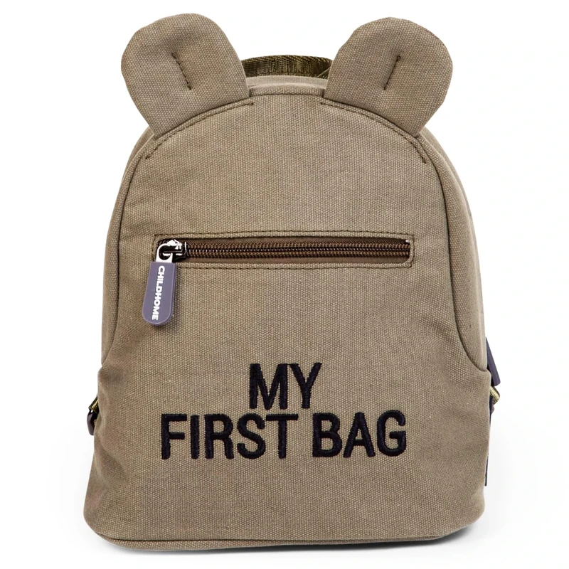 CHILDHOME, Baby Backpack, School, Kindergarten, Nursery, Two Compartments, Lunchbag/Bottle Capacity, Removable Safety Buckle, Waterproof, My First Bag, Canvas kaki