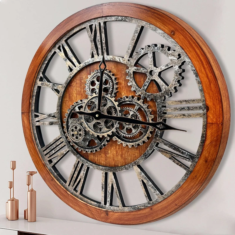 The B-Style 24 inch Large Moving Gears Wall Clock Decorative Farmhouse Wood Wall Clock Vintage Industrial Wall Clock for Living Room Decor Kitchen (Vintage Bronze)
