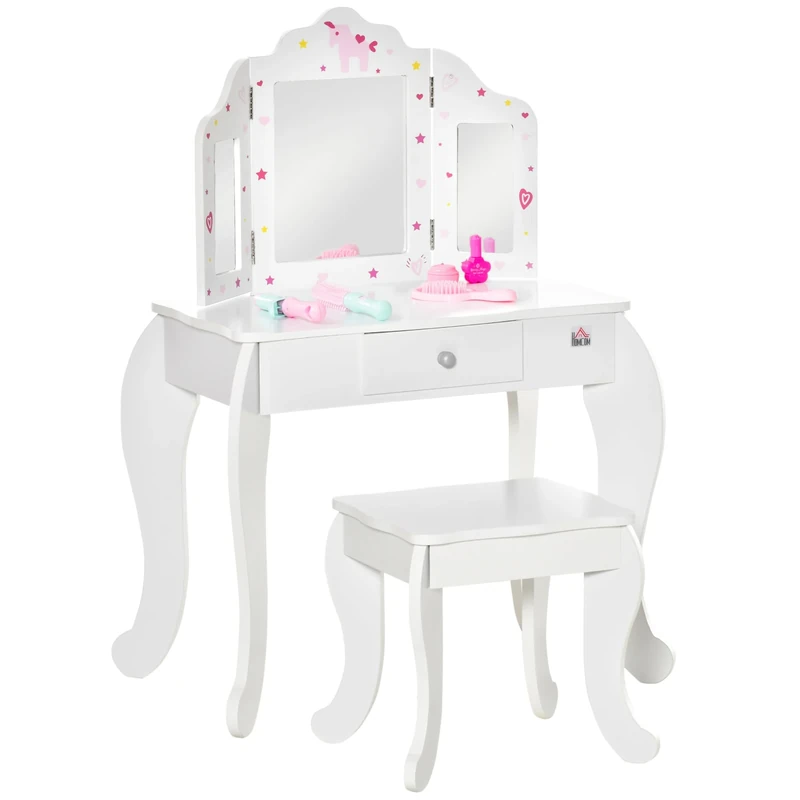 HOMCOM Kids Vanity Table and Chair Set, Girls Vanity Set with Tri-Folding Mirror and Stool, Makeup Dressing Table with Drawer, White