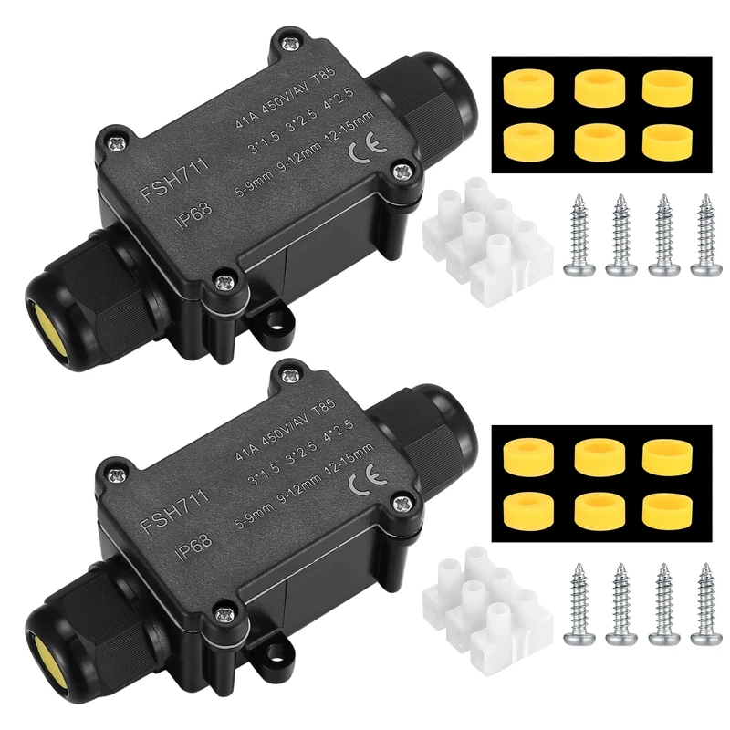 2 Pcs IP68 Junction Box Waterproof Outdoor 2 Cable PG9 Black Plastic Connector Gland Electrical, Black Plastic Gland External Waterproof Cable Connector Box