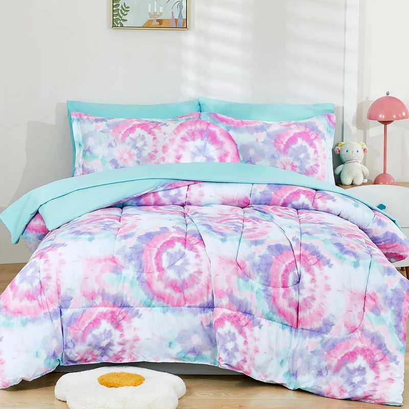Mooreeke Tie Dye Kids Comforter Bed Set Full Size for Girls, 8 Pieces Bed in a Bag with Shams, Sheet Set, A Toy Pillow Dark Pink Round Flower Full Soft Microfiber Kids Comforter Bedding Set