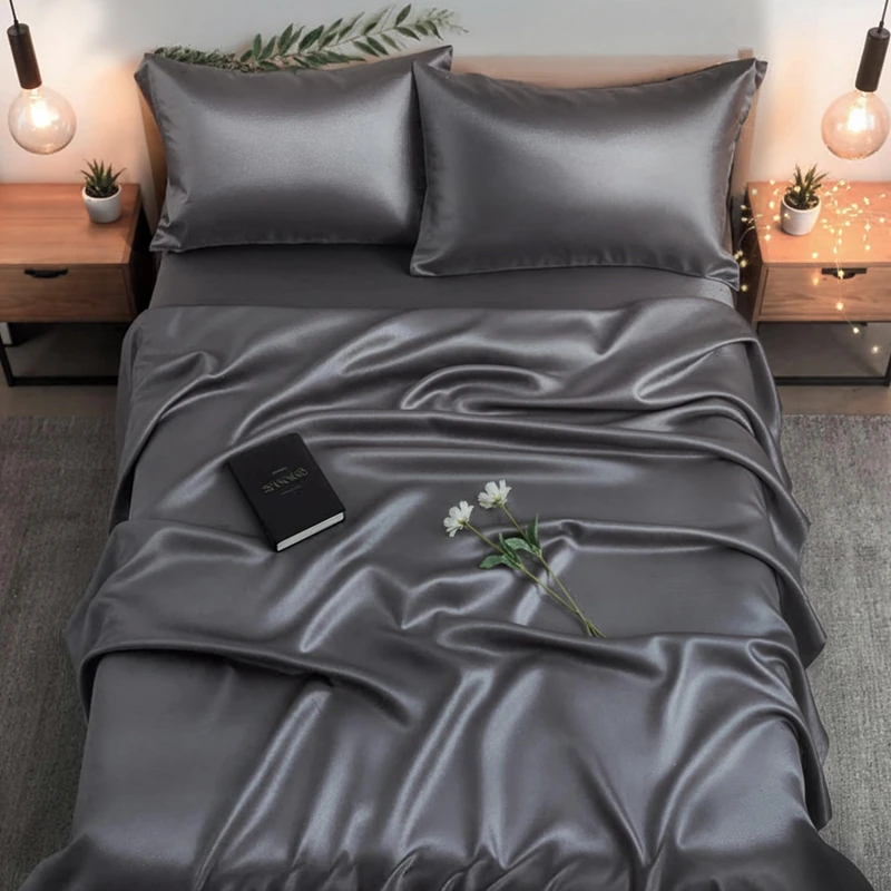 Colorado Home Co - 4PC Mulberry Silk Bed Sheets Set - 100% Silk Sheets, Flat Sheet, Deep Pocket Full Fitted Sheet, Silk Pillowcase 2 Pack Envelope Closure Twin Set, King Size Bedding Sets - Charcoal