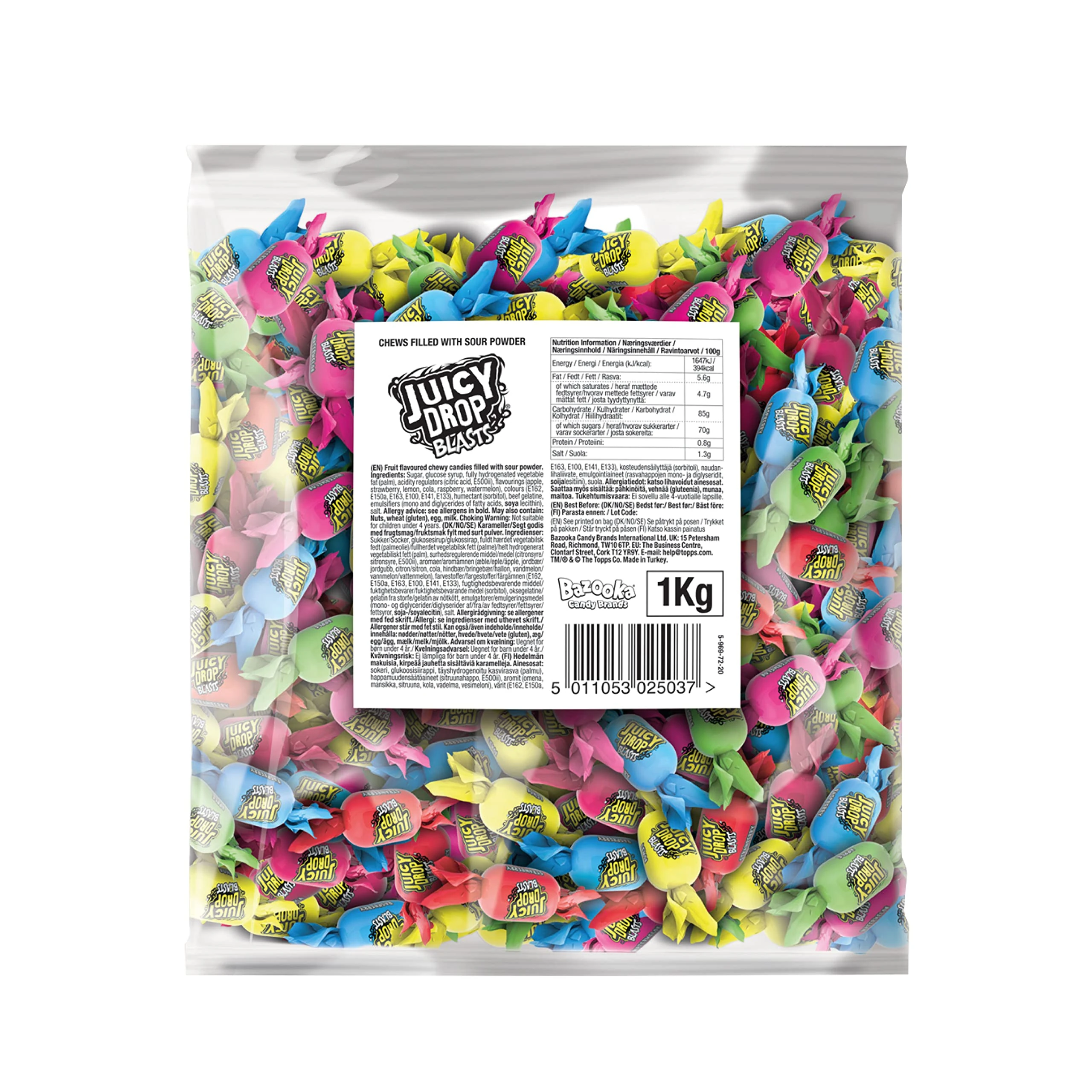 Juicy Drop Blasts (1kg Bulk Sweets) Chewy Sweet and Sour Kids Sweets for Party Bags, 6 Tasty Flavours, Individually Wrapped - Halal Candy