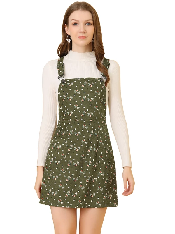 Allegra K Women's Adjustable Strap Pinafore Bib Corduroy Overalls Dress, Green, M