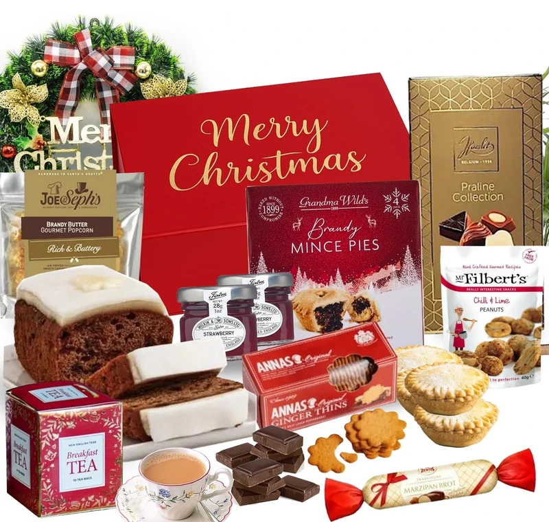 Tea Lovers Traditional Christmas Hamper- Tea Fruit Cake Truffle Hazelnut Jam Biscuits Mince Popcorn- New Year Afternoon Tea Gift for Men & Women