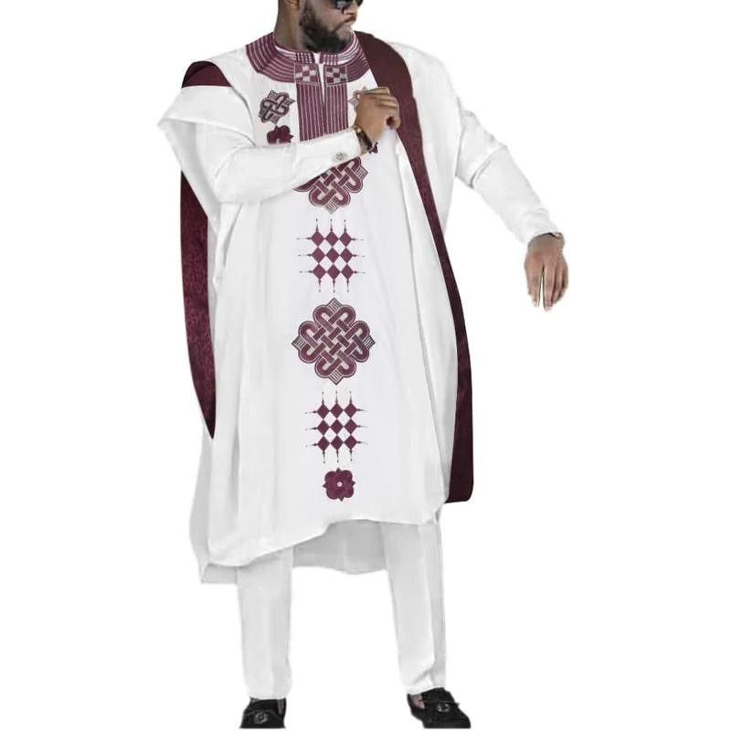 HD African Mens Agbada Dashiki 3 Piece Outfit - White XL