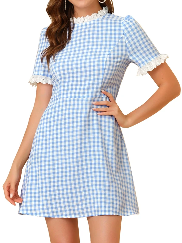 Allegra K Women's Summer Ruffle Neck Lace Panel Short Sleeve Check Gingham Dress, Blue, M - Image 1