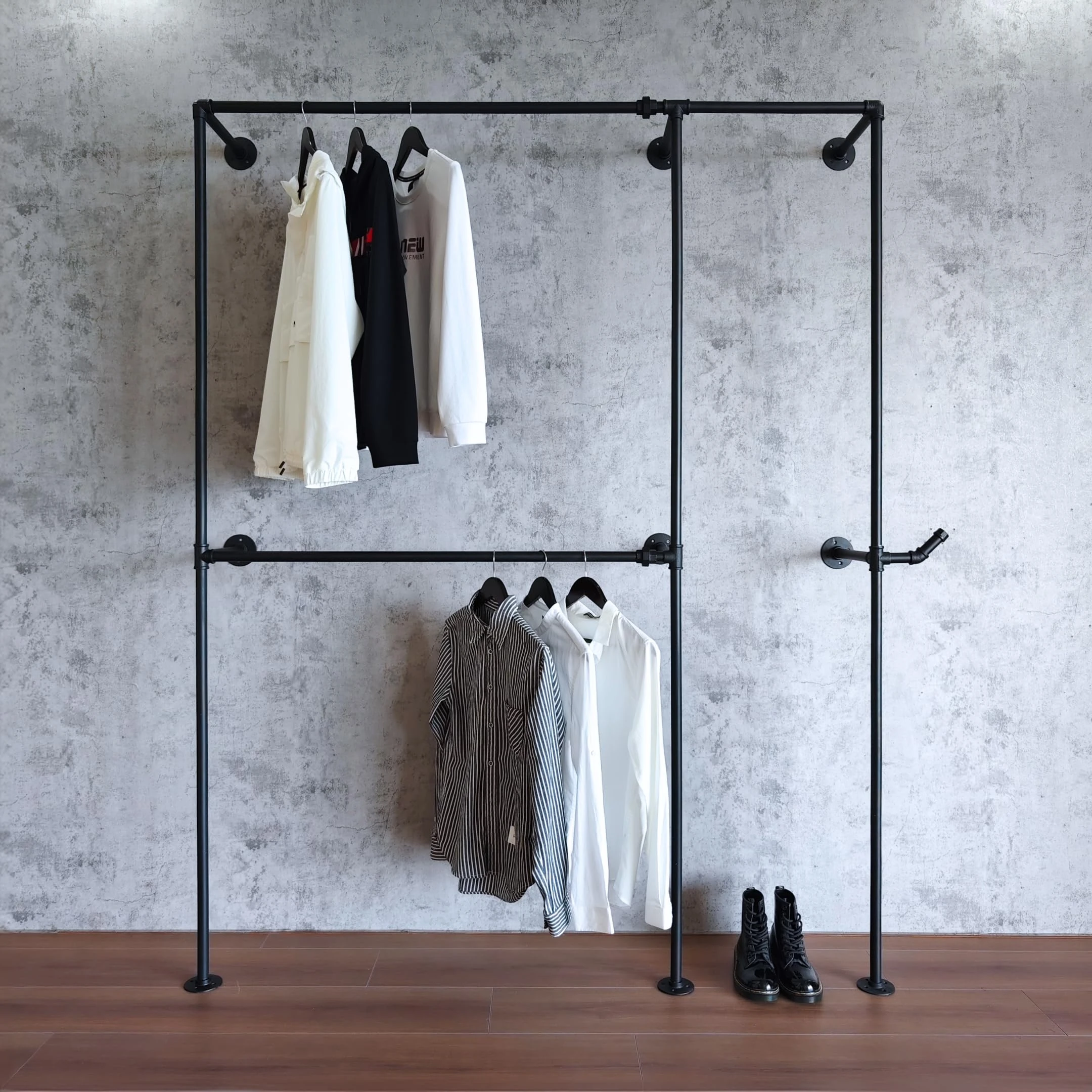 Anynice Clothes Rack, Industrial Pipe Clothing Rack, Wall Mounted Garment Rack, Hanging Clothes Rack (Black, 56" W x 13" D x78.8 H)