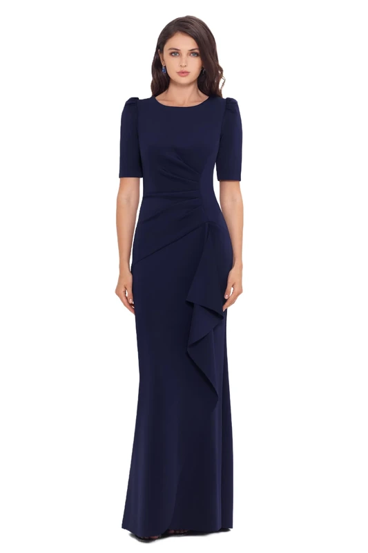 Xscape 3/4 Sleeve Long Scuba Dress with Side Ruching, Midnight, 8