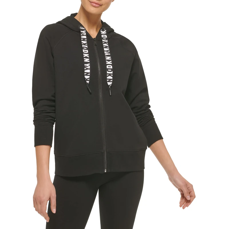 DKNY Women's Logo Drawstring Zip Up Hoodie, Activewear Sweatshirt Hooded, Black, Medium