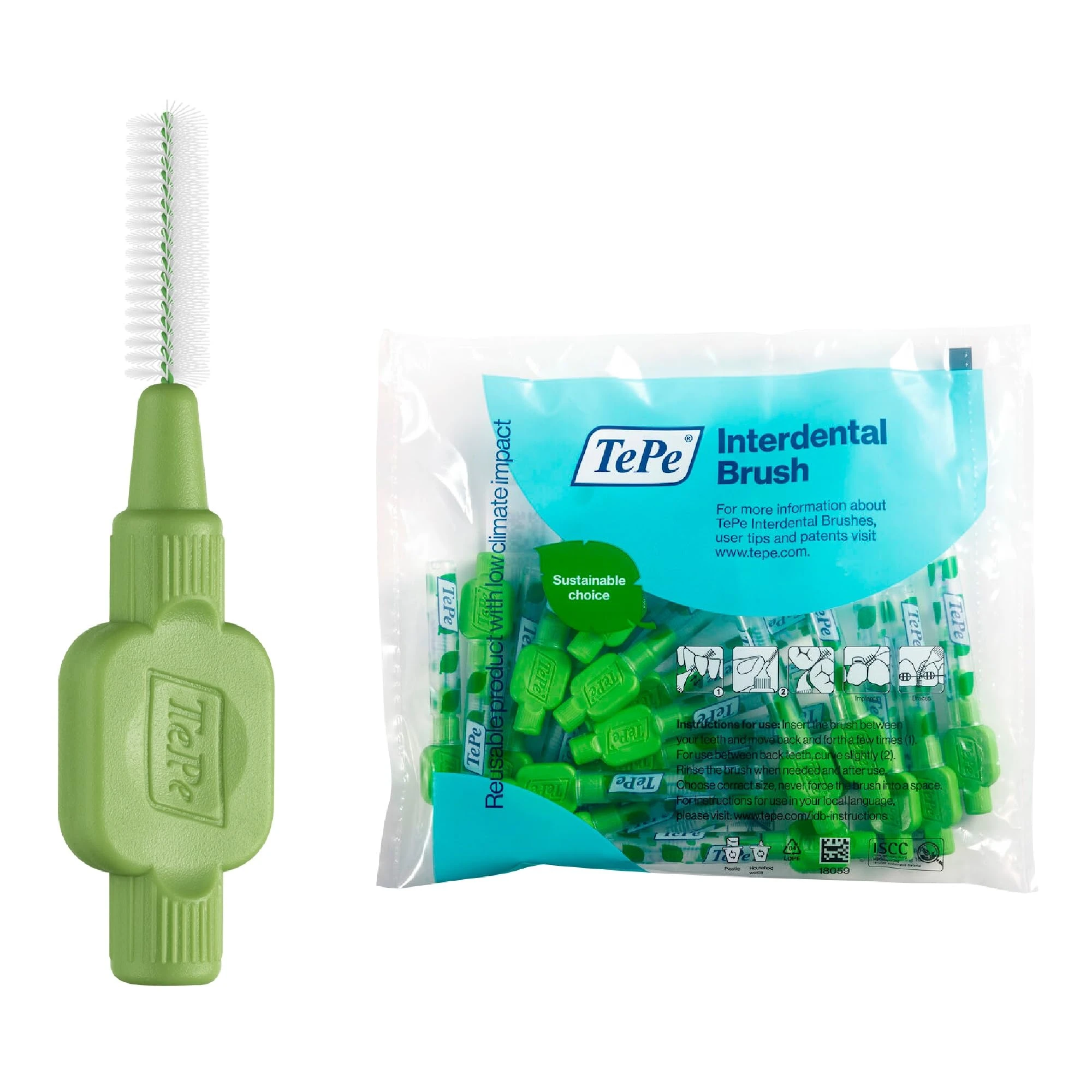 TePe Interdental Brush, Original, Green, 0.8mm/ISO 5, 20pcs, efficient Cleaning Between Teeth, Plaque Remover and Dental flosser for Small Gaps
