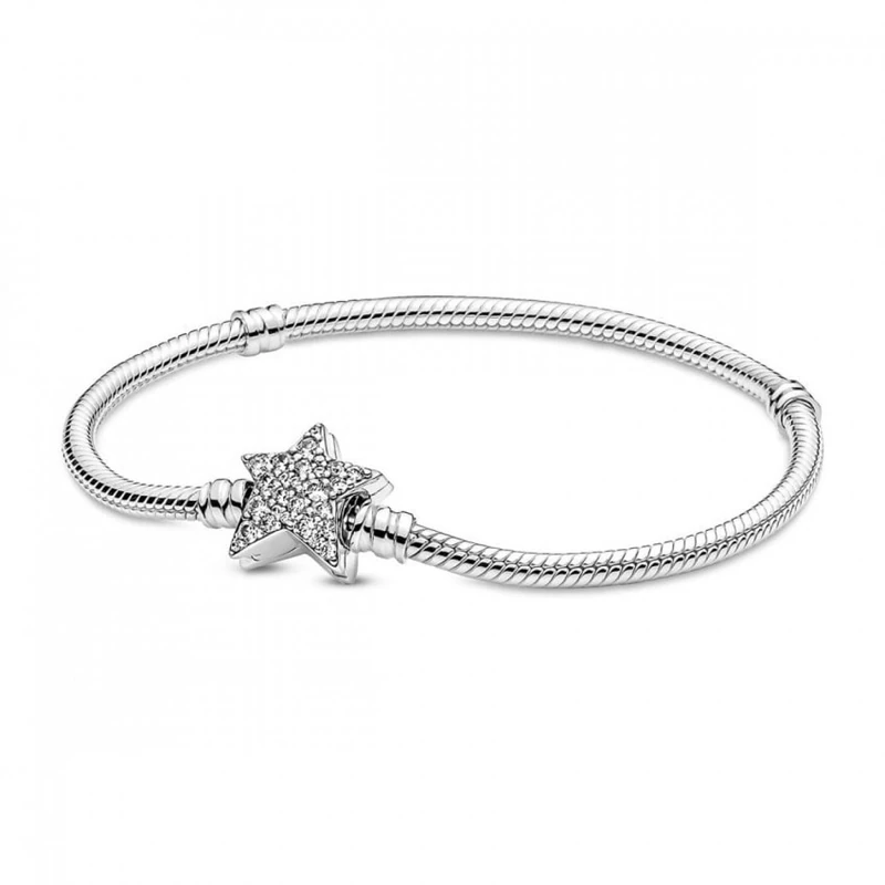 Pandora Moments Snake chain sterling silver bracelet with asymettric star clasp and clear cubic zirconia, 19