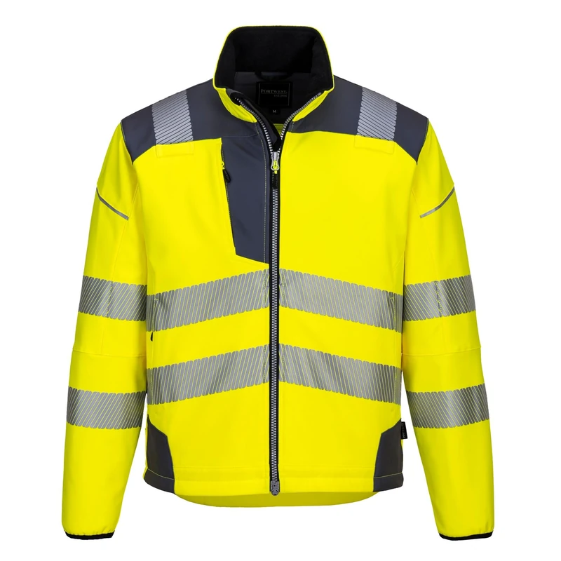 Portwest T402 Men's PW3 Hi Vis Safety Jacket - Windproof Water Resistant High Visibility Reflective Softshell Jacket Yellow/Grey, Small