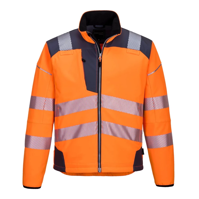 Portwest T402 Men's PW3 Hi Vis Safety Jacket - Windproof Water Resistant High Visibility Reflective Softshell Jacket Orange/Grey, Small