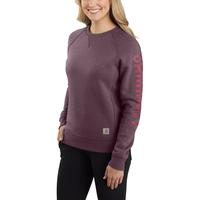 Carhartt, Women's, Relaxed Fit Midweight Crewneck Block Logo Sleeve Graphic Sweatshirt, Blackberry Heather, S