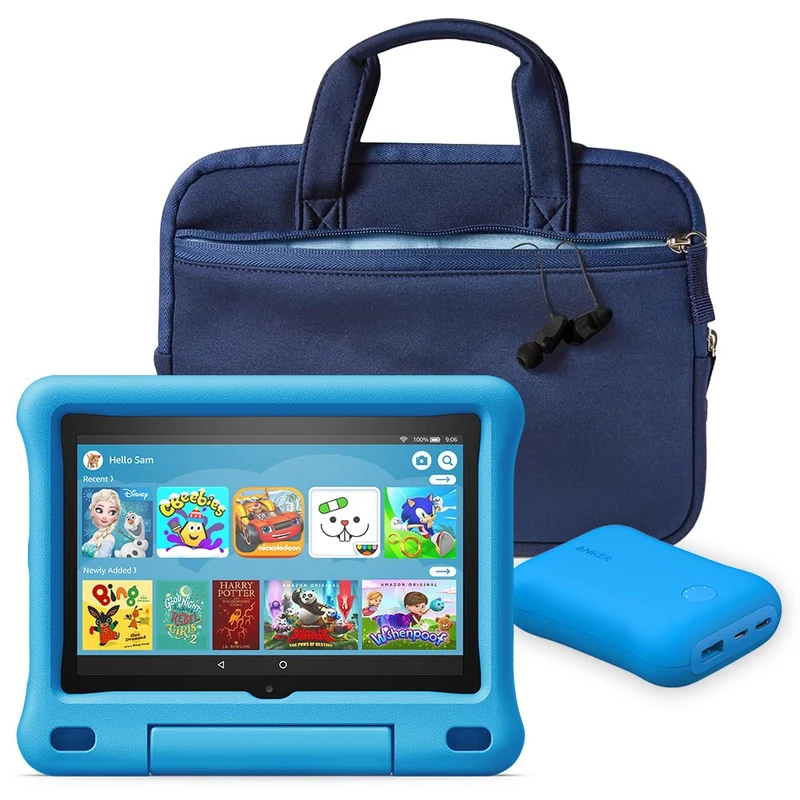 Fire HD 8 Kids tablet, Blue Kid-Proof Case + NuPro Zipper Sleeve, Blue + Kids Portable Charger, Blue