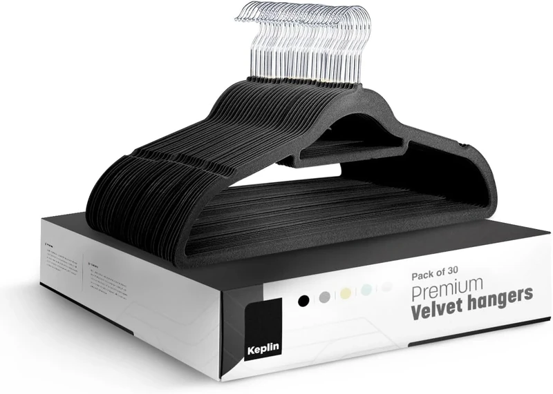 KEPLIN Velvet Hangers 50 Pack - Non-Slip Clothes Hangers with Tie Bar & 360° Hook - Durable & Sturdy, Space-Saving Wardrobe Organisers for Suits, Jackets & Clothes- Home Storage Solution (Black)