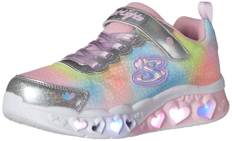 Skechers Girl's Flutter Heart Lights Simply Love Sneakers, Silver Synthetic/Mesh, 11 UK Child