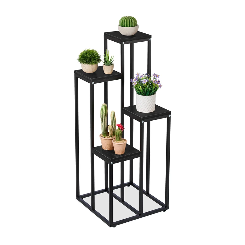 Relaxdays Plant Stand, Modern Pot Holder with 4 Tiers, 80x40x40 cm, Black Metal Frame, MDF Shelving; Space-Saving, Black