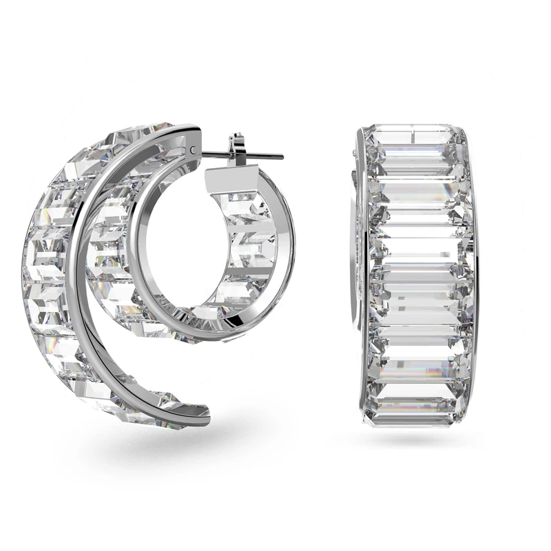 Swarovski Double Hoop, Baguette Cut White Crystal in a Rhodium Plated setting, from the Matrix Collection