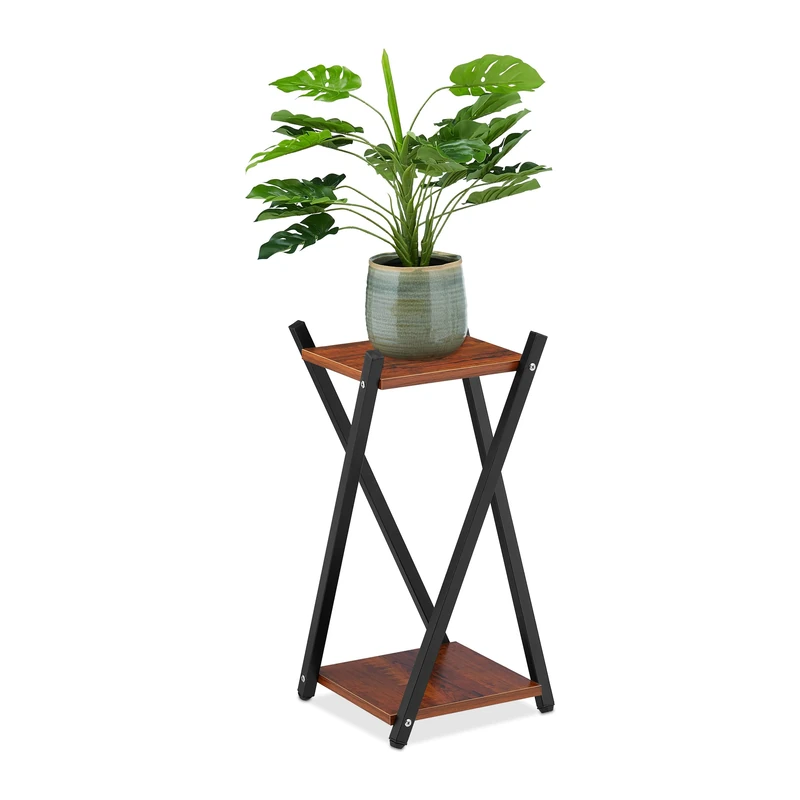 Relaxdays Plant Stand, 2 Tiers in Wooden Look, Modern Pot Holder with Crossed Legs, HWD: 57 x 29 x 29 cm, Dark Brown