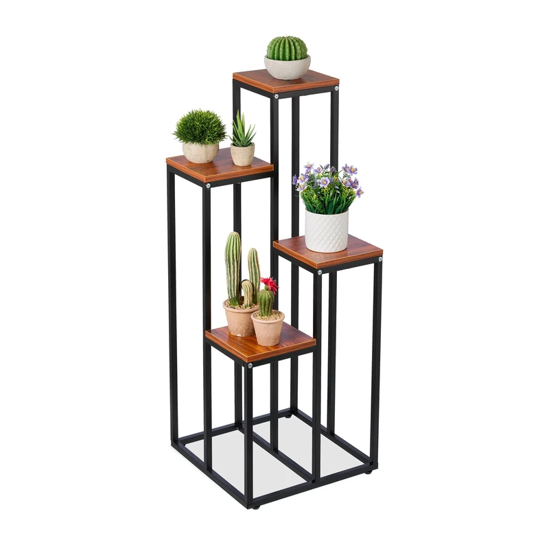 Relaxdays Plant Stand, Modern Pot Holder with 4 Tiers, 80x40x40 cm, Black Metal Frame, MDF Shelving Space-Saving, Brown, Steel