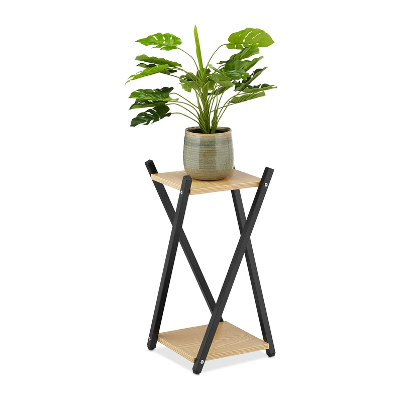 Relaxdays Plant Stand, 2 Tiers in Wooden Look, Modern Pot Holder with Crossed Legs, HWD: 57 x 29 x 29 cm, Light Brown