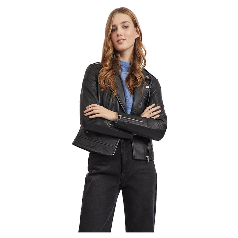 VILA Women's VIFELI Leather Jacket SU - NOOS Jacket, Black, 40