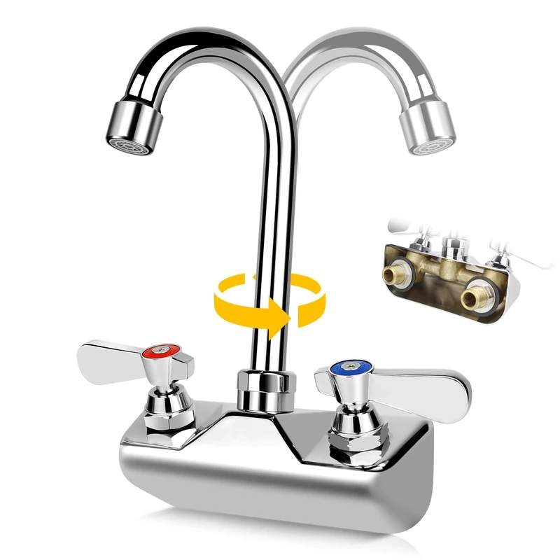 4 Inch Center Commercial Sink Faucet Wall Mount Kitchen Hand Sink Faucet, 1/2" NPT Male Inlet, Brass Constructed & Chrome Polished, with 3-1/2" Gooseneck Spout & Dual Lever Handles, No Lead