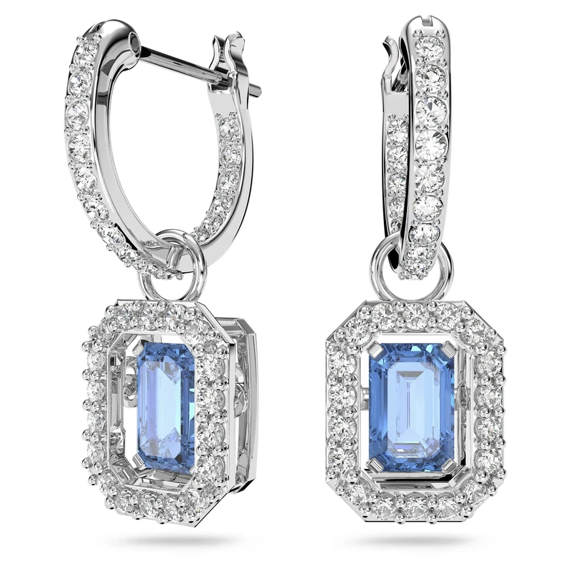 Swarovski Drop Hoop Earrings, White Crystal Pavé with a Blue Crystal in a Rhodium Plated Setting, from the Millenia Collection