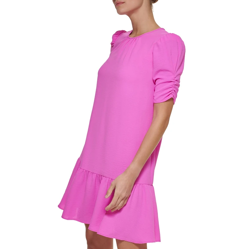 DKNY Women's Trapeze with Ruched Sleeves and Ruffle Hem Dress, Cosmic Pink, 4