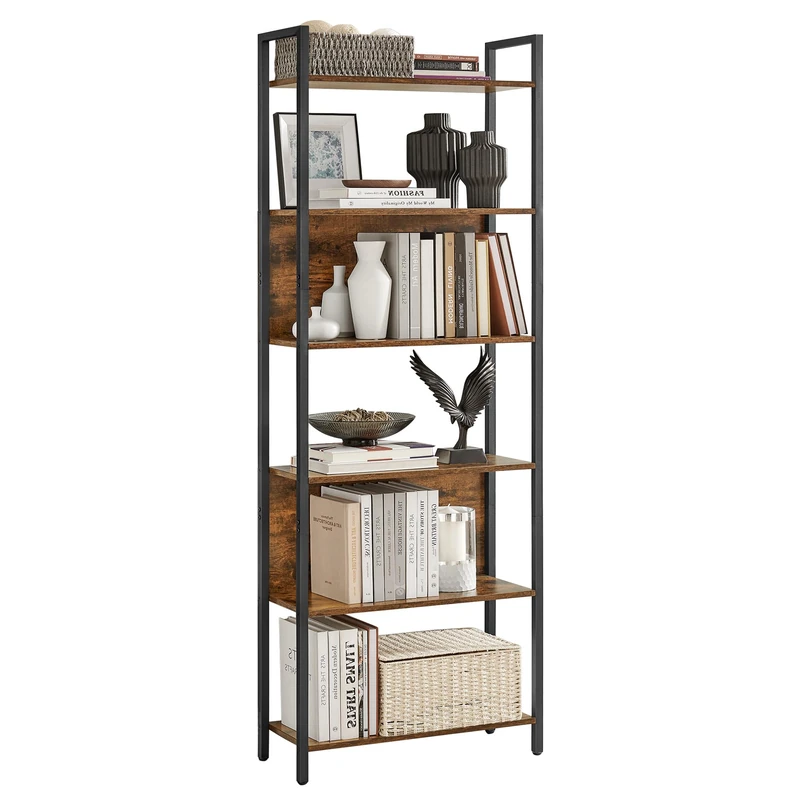 VASAGLE LLS113B01 Bookcase, Kitchen Shelf, Standing Shelf with 6 Open Shelves, Hallway, Kitchen, Office, Sturdy Steel Frame, Industrial Design, 24 x 60 x 186 cm, Vintage Brown/Ink Black