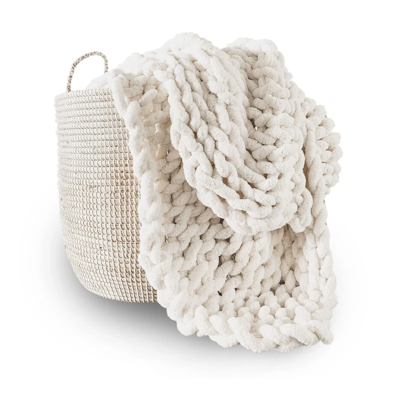 Adyrescia Chunky Knit Blanket Throw | 100% Hand Knit with Jumbo Chenille Yarn (60"x80", Cream White)