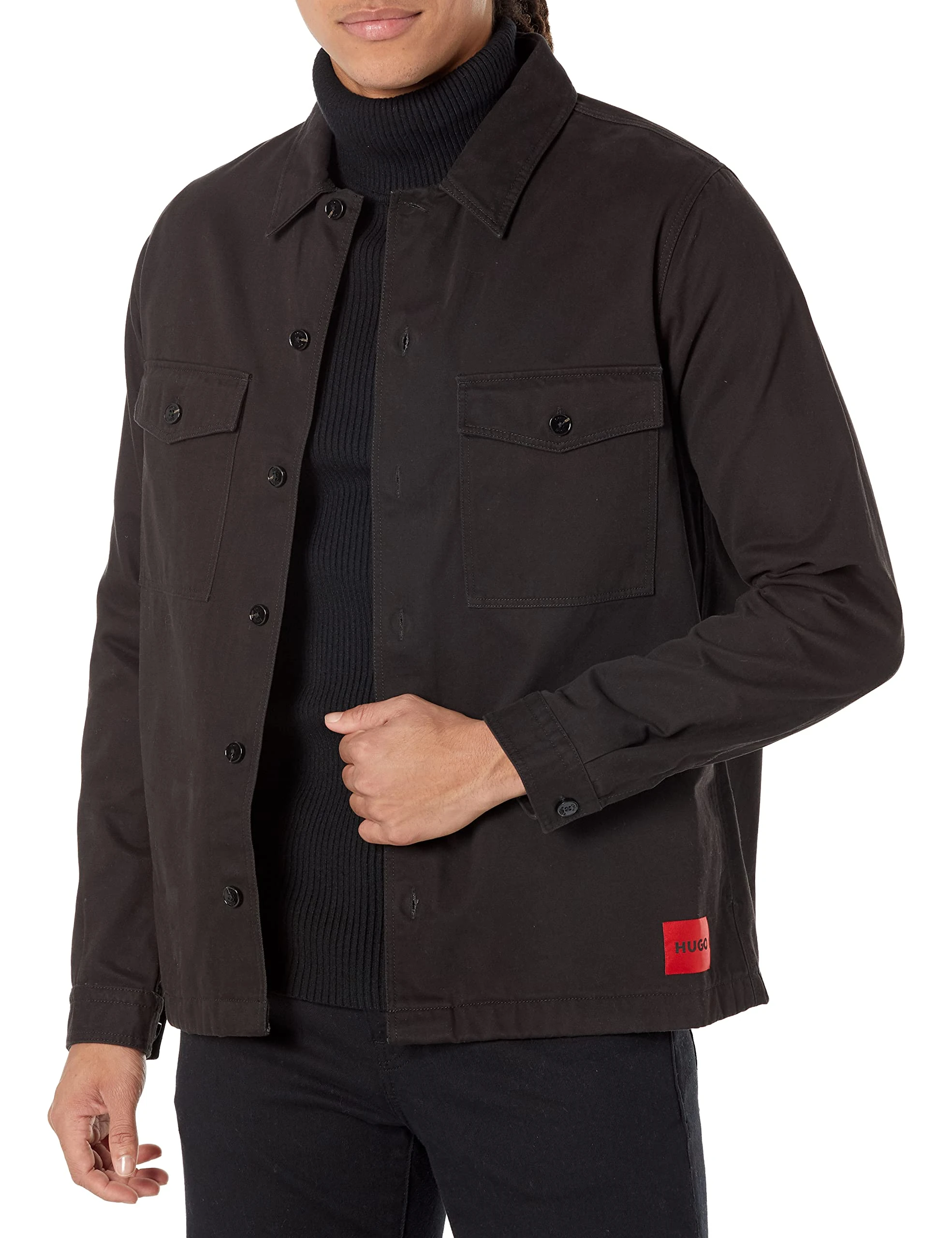 HUGO Men's Cotton Twill Patch Pockets Button Down Overshirt, Black Fog, XL