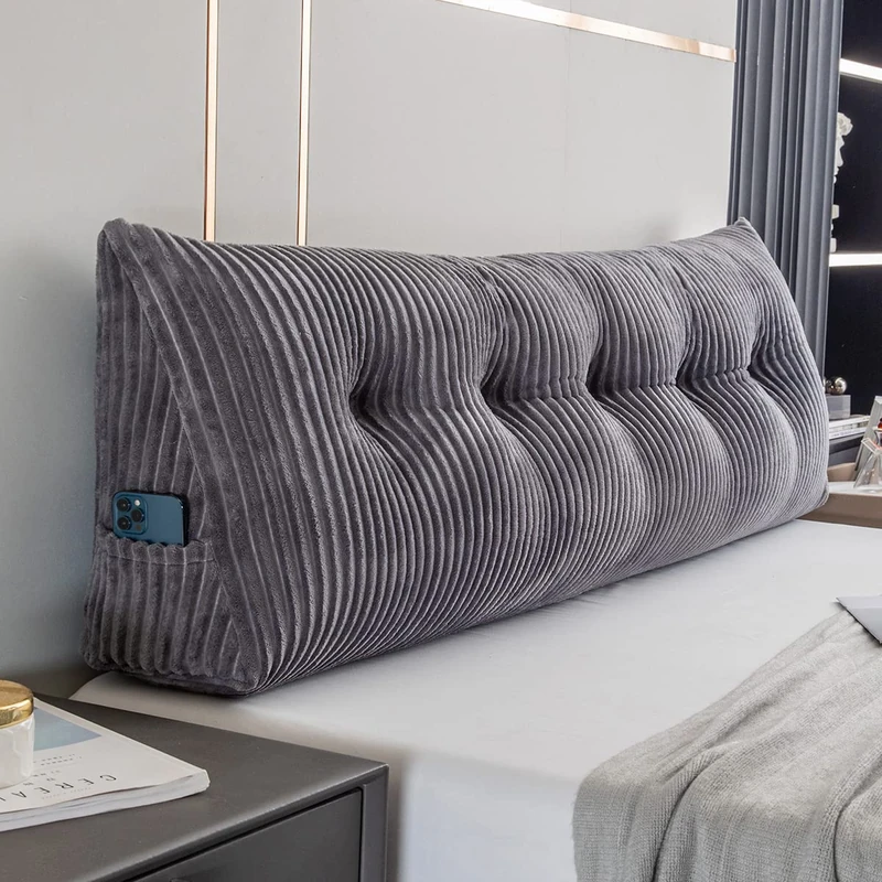 Activance Large Triangular Headboard Wedge Bed Rest Reading Pillow Backrest Positioning Support Bolster Cushion with Removable Cover (Grey, Queen: 59x8x20 Inches)