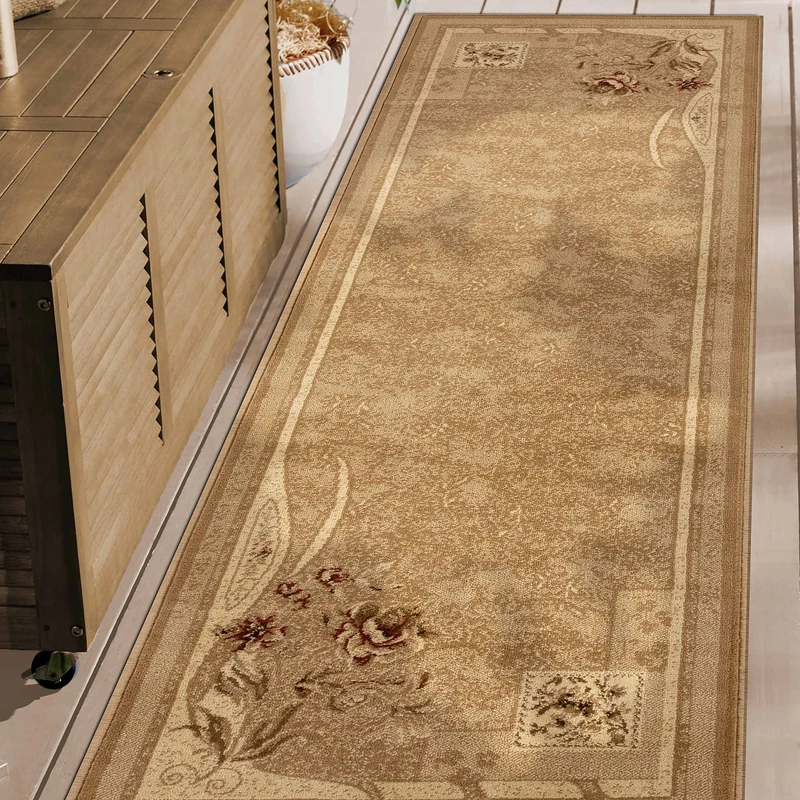 Superior Indoor Runner Area Rug with Jute Backing, Modern Floor Decor for Home Hallway, Living Room, Floor Cover, Entryway, Bedroom, Minimalist Modern Floral Block, 2' 7" x 8', Taupe