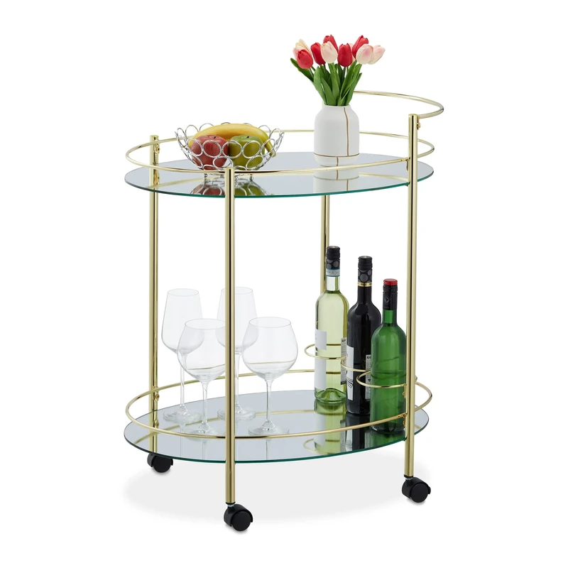 Relaxdays Serving Trolley, 4 Castors, 2 Shelves, HWD: 79 x 45 x 65.5 cm, Cart for Drinks and Snacks, Glass & Iron, Gold