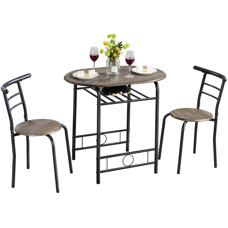 Yaheetech 3 Piece Dining Table & Chairs Set, Compact Dining Room Set with Storage Shelf and Wine Rack, Modern Breakfast Bar Table Set for Kitchen/Apartments/Small Space, Drift Brown, 80x53x75.5cm