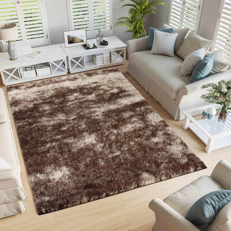 Serdim Rugs Modern Soft Two Tone Shiny Shimmer Living Room Polyester Shaggy Rugs, Bronze, 120x170cm (4'x5'6")