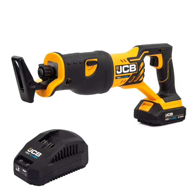 JCB 18V Cordless Reciprocating Saw, 2.0Ah Battery, Fast Charger, Variable Speed & Adjustable Foot Plate, Tool-Free Blade Changing, Powerful with 3 Year Warranty