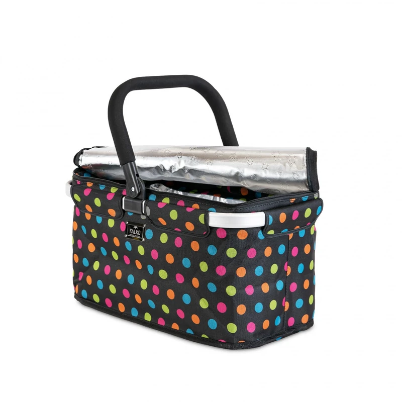 Genius Falko Thermal Shopping Basket Black with Colourful Dots | Shopping Bag 22 Litres Large Foldable with Lid | Carry Basket with Cooling Function for Travel