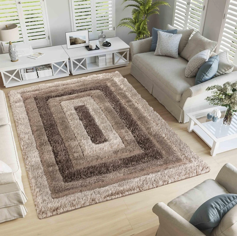 Serdim Rugs Modern Soft Bordered Design Hand Carved Shiny Shimmer Living Room Polyester Shaggy Rugs, Bronze, 200x290cm (6'7"x9'6")