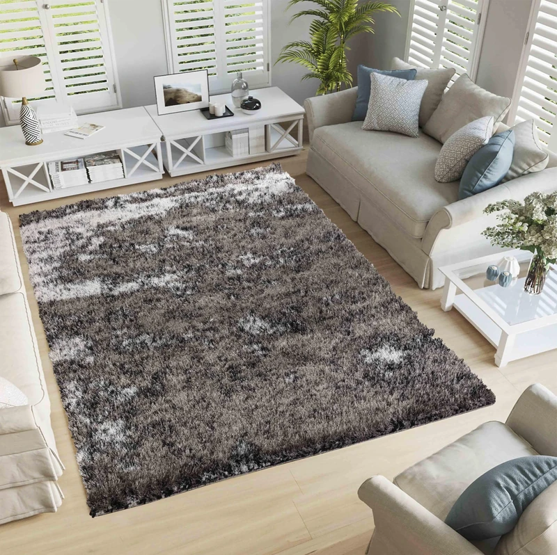 Serdim Rugs Modern Soft Two Tone Shiny Shimmer Living Room Polyester Shaggy Rugs, Silver, 200x290cm (6'7"x9'6")