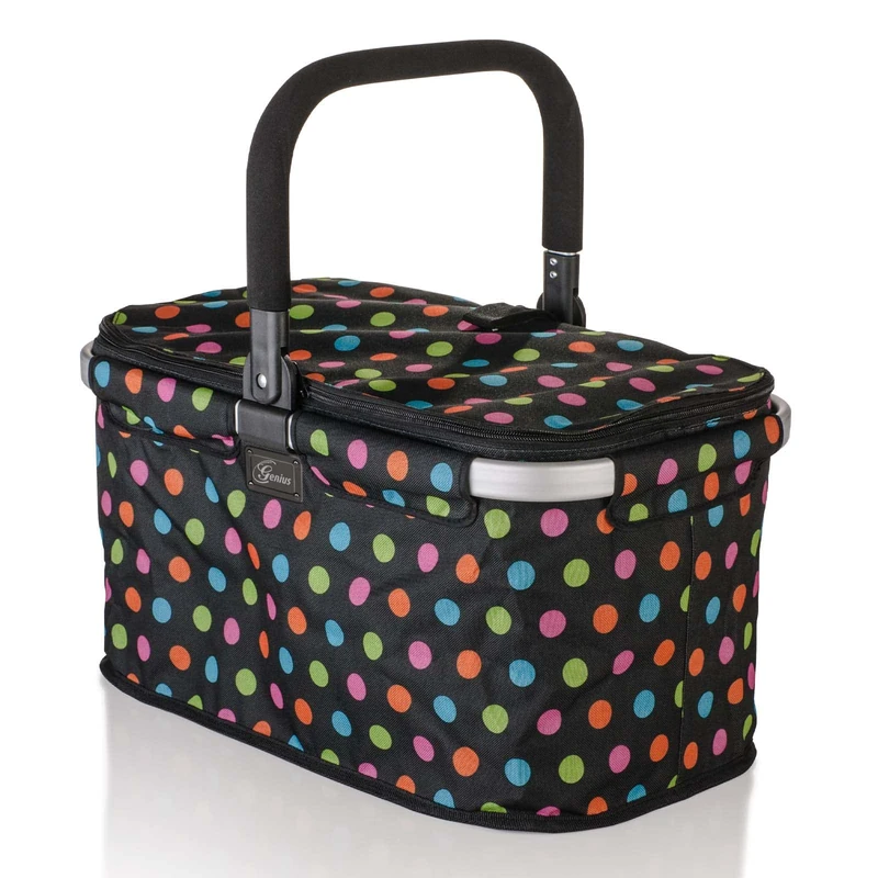 Genius A14360 Falko Premium Shopping Basket Black with Colourful Dots | Shopping Bag 22 L Large Foldable with Lid | Carry Basket with Aluminium Handle for Travel | Black/Colourful