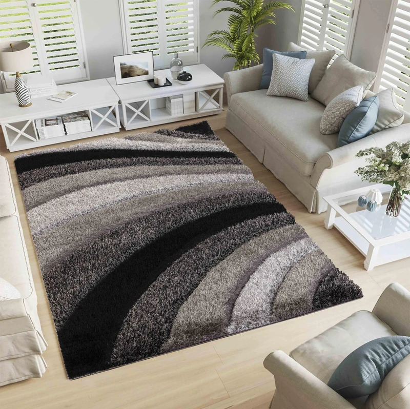 Serdim Rugs Modern Soft Waves Design Hand Carved Shiny Shimmer Living Room Polyester Shaggy Rugs, Grey, 120x170cm (4'x5'6")