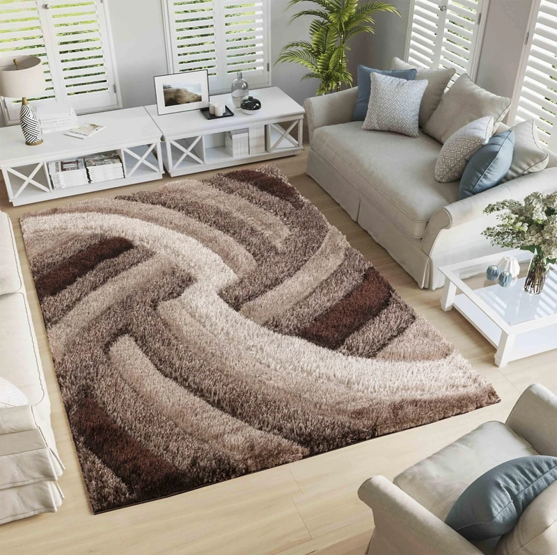 Serdim Rugs Modern Soft Swirl Design Hand Carved Shiny Shimmer Living Room Polyester Shaggy Rugs, Bronze, 200x290cm (6'7"x9'6")