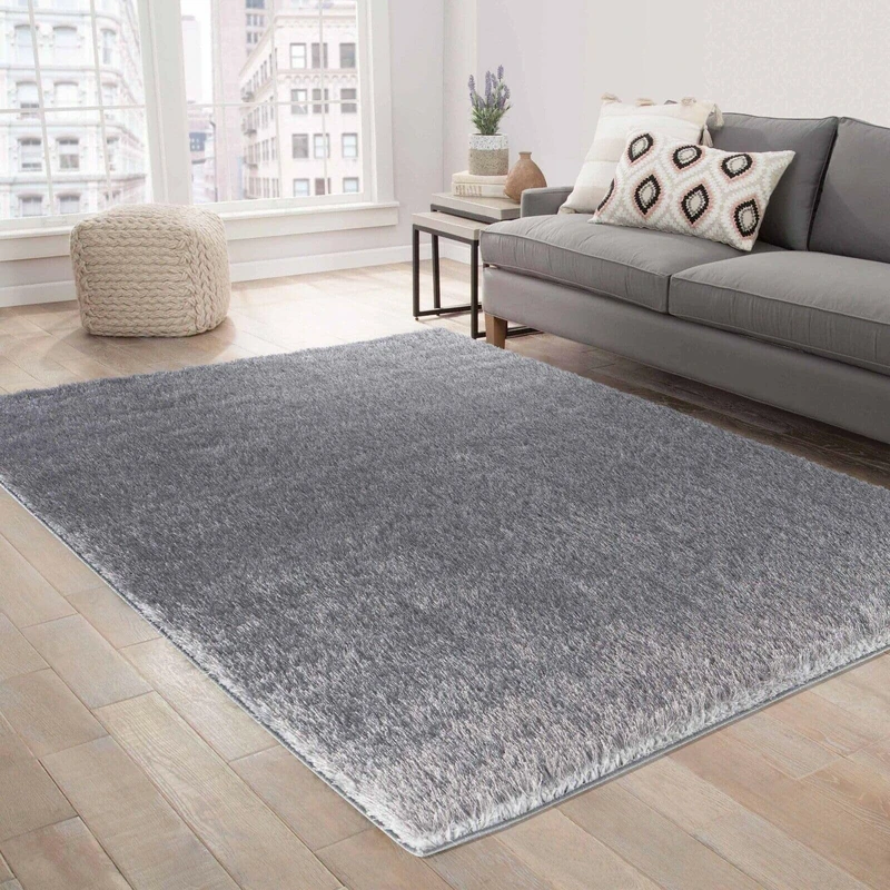 Serdim Rugs Modern Soft Plain Shiny Shimmer Living Room Polyester Shaggy Area Rugs, Silver, 200x290cm (6'7"x9'6")
